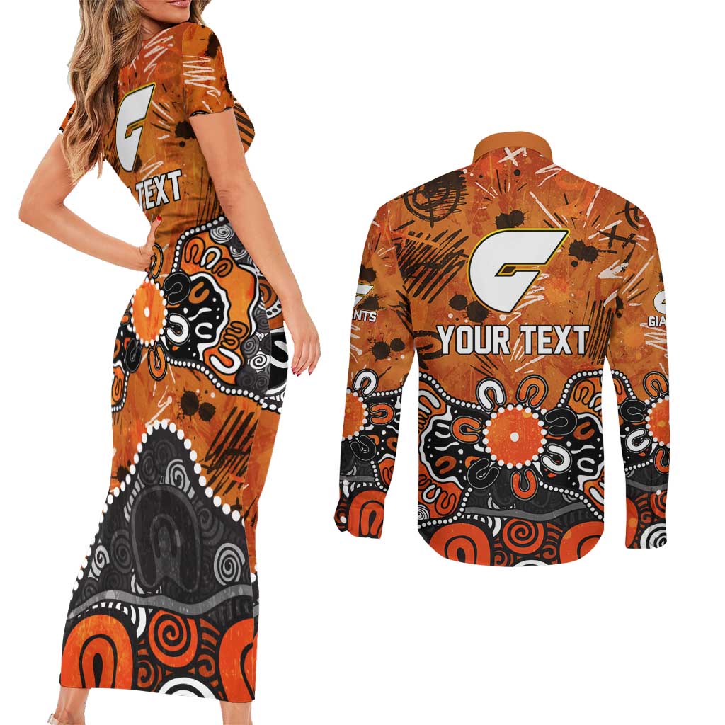 Personalized Greater Western Sydney Giants Couples Matching Short Sleeve Bodycon Dress and Long Sleeve Button Shirt Aboriginal Dot Painting Graffiti Style