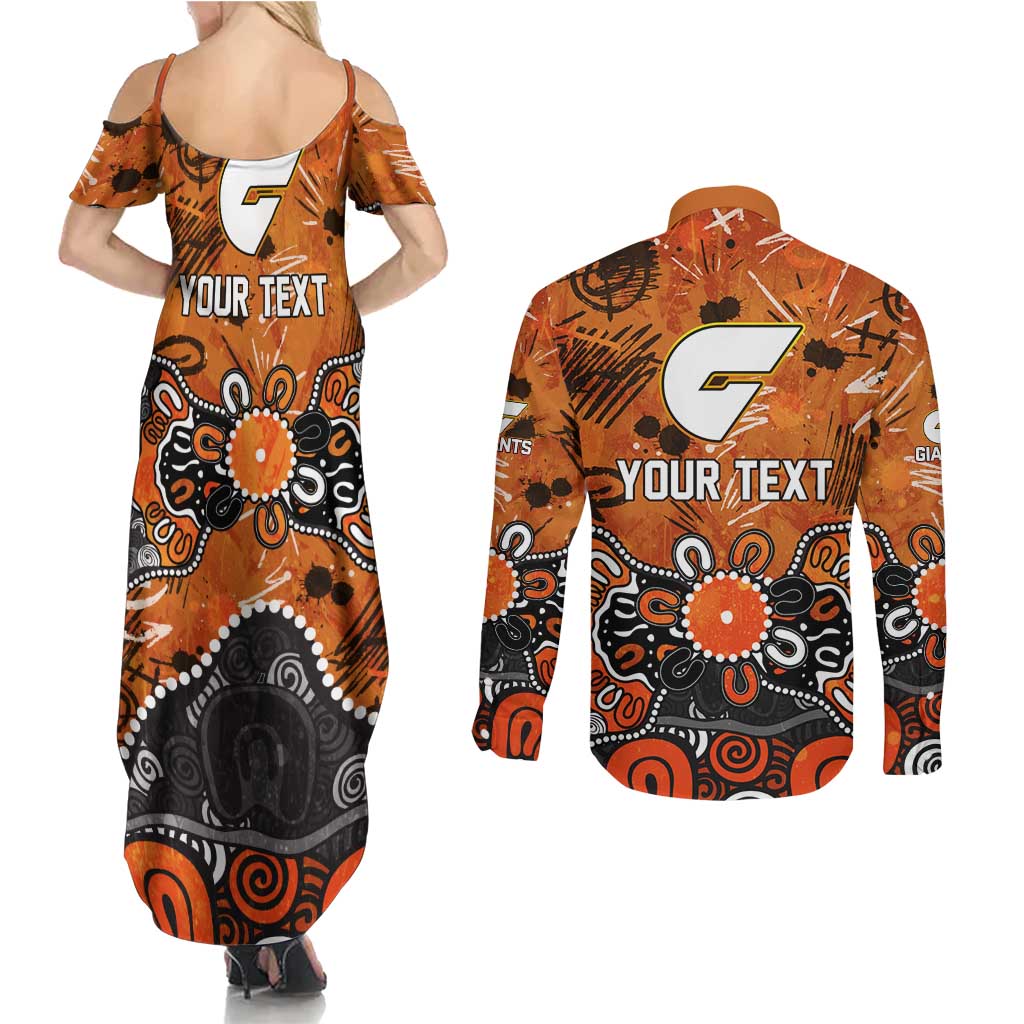 Personalized Greater Western Sydney Giants Couples Matching Summer Maxi Dress and Long Sleeve Button Shirt Aboriginal Dot Painting Graffiti Style