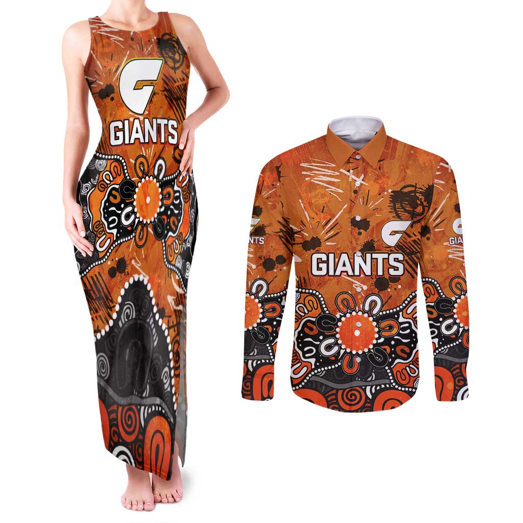 Personalized Greater Western Sydney Giants Couples Matching Tank Maxi Dress and Long Sleeve Button Shirt Aboriginal Dot Painting Graffiti Style