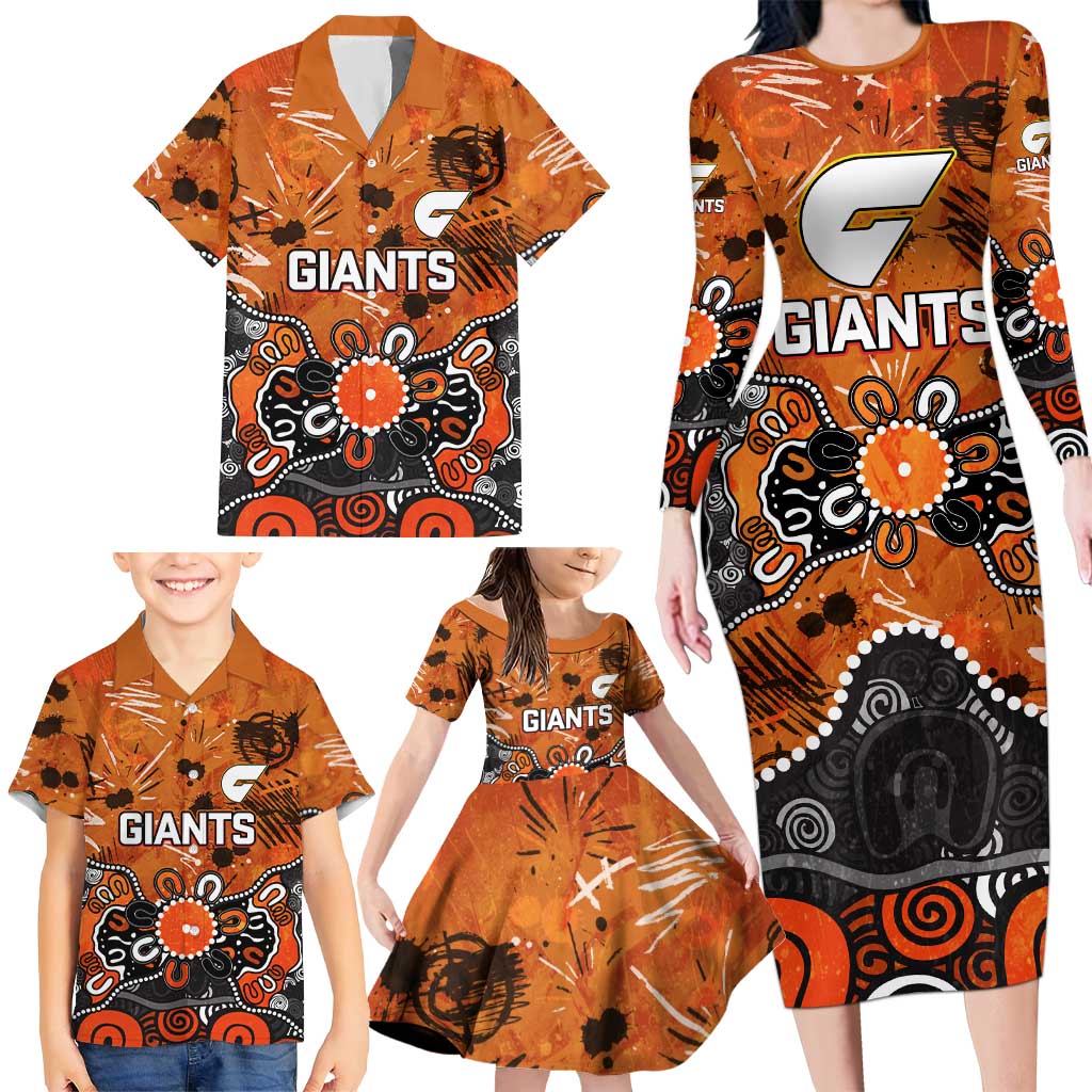 Personalized Greater Western Sydney Giants Family Matching Long Sleeve Bodycon Dress and Hawaiian Shirt Aboriginal Dot Painting Graffiti Style