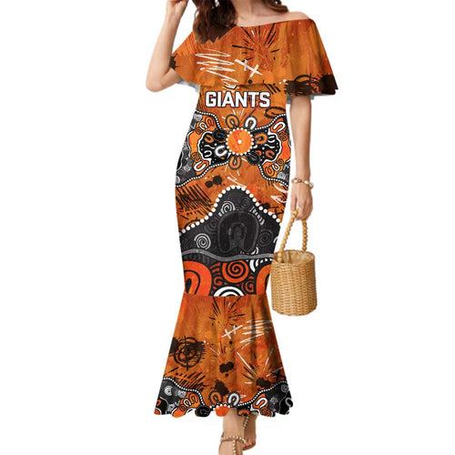 Personalized Greater Western Sydney Giants Family Matching Mermaid Dress and Hawaiian Shirt Aboriginal Dot Painting Graffiti Style
