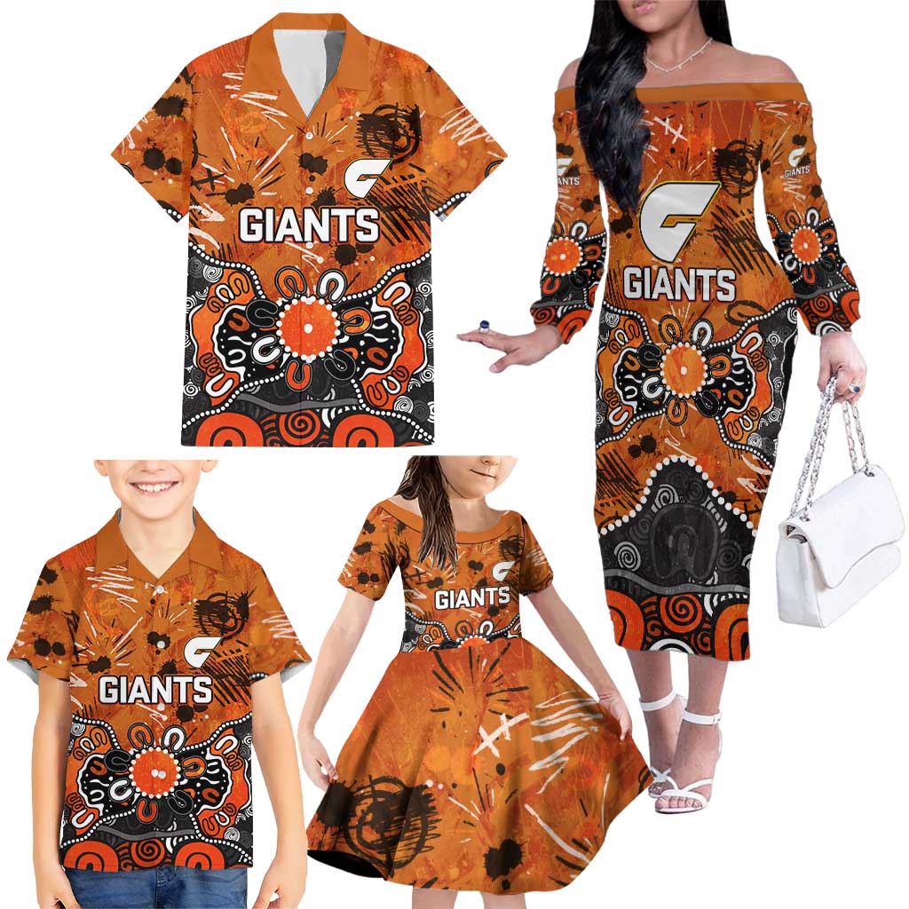 Personalized Greater Western Sydney Giants Family Matching Off The Shoulder Long Sleeve Dress and Hawaiian Shirt Aboriginal Dot Painting Graffiti Style