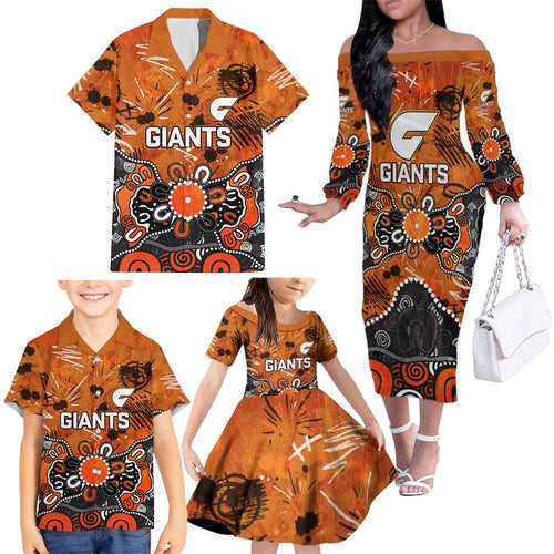 Personalized Greater Western Sydney Giants Family Matching Off The Shoulder Long Sleeve Dress and Hawaiian Shirt Aboriginal Dot Painting Graffiti Style