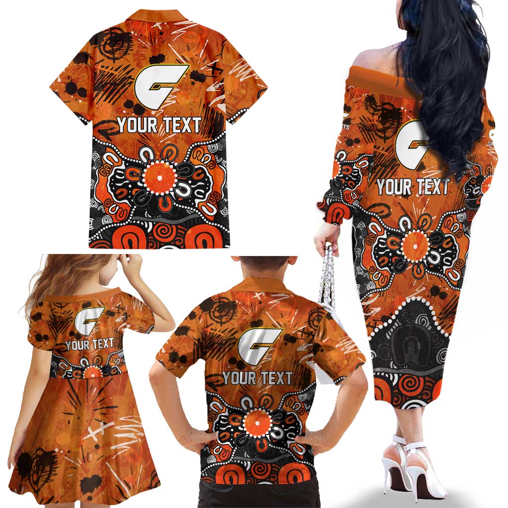 Personalized Greater Western Sydney Giants Family Matching Off The Shoulder Long Sleeve Dress and Hawaiian Shirt Aboriginal Dot Painting Graffiti Style