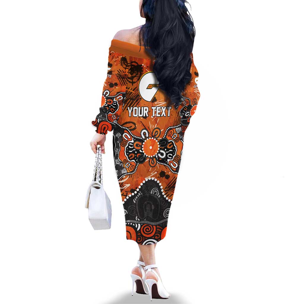 Personalized Greater Western Sydney Giants Family Matching Off The Shoulder Long Sleeve Dress and Hawaiian Shirt Aboriginal Dot Painting Graffiti Style