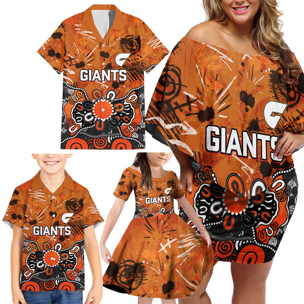 Personalized Greater Western Sydney Giants Family Matching Off Shoulder Short Dress and Hawaiian Shirt Aboriginal Dot Painting Graffiti Style