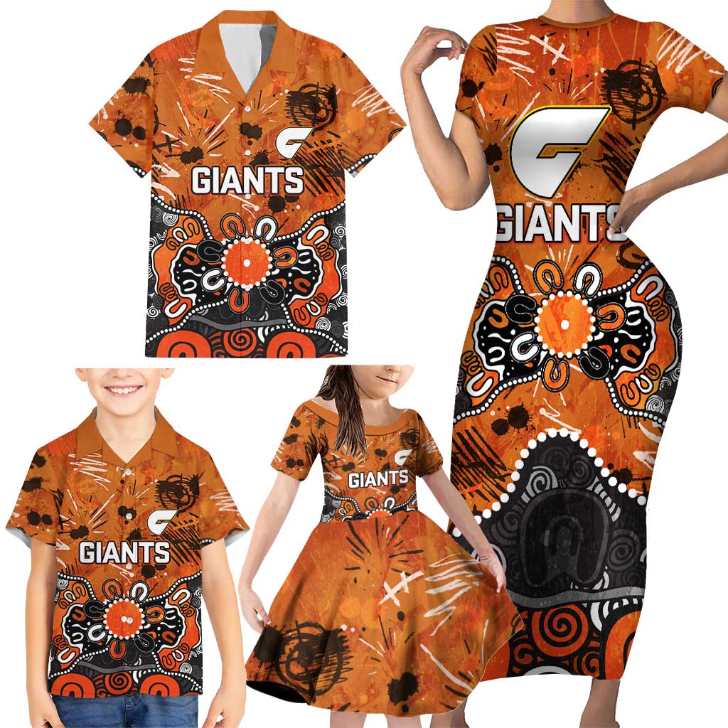 Personalized Greater Western Sydney Giants Family Matching Short Sleeve Bodycon Dress and Hawaiian Shirt Aboriginal Dot Painting Graffiti Style