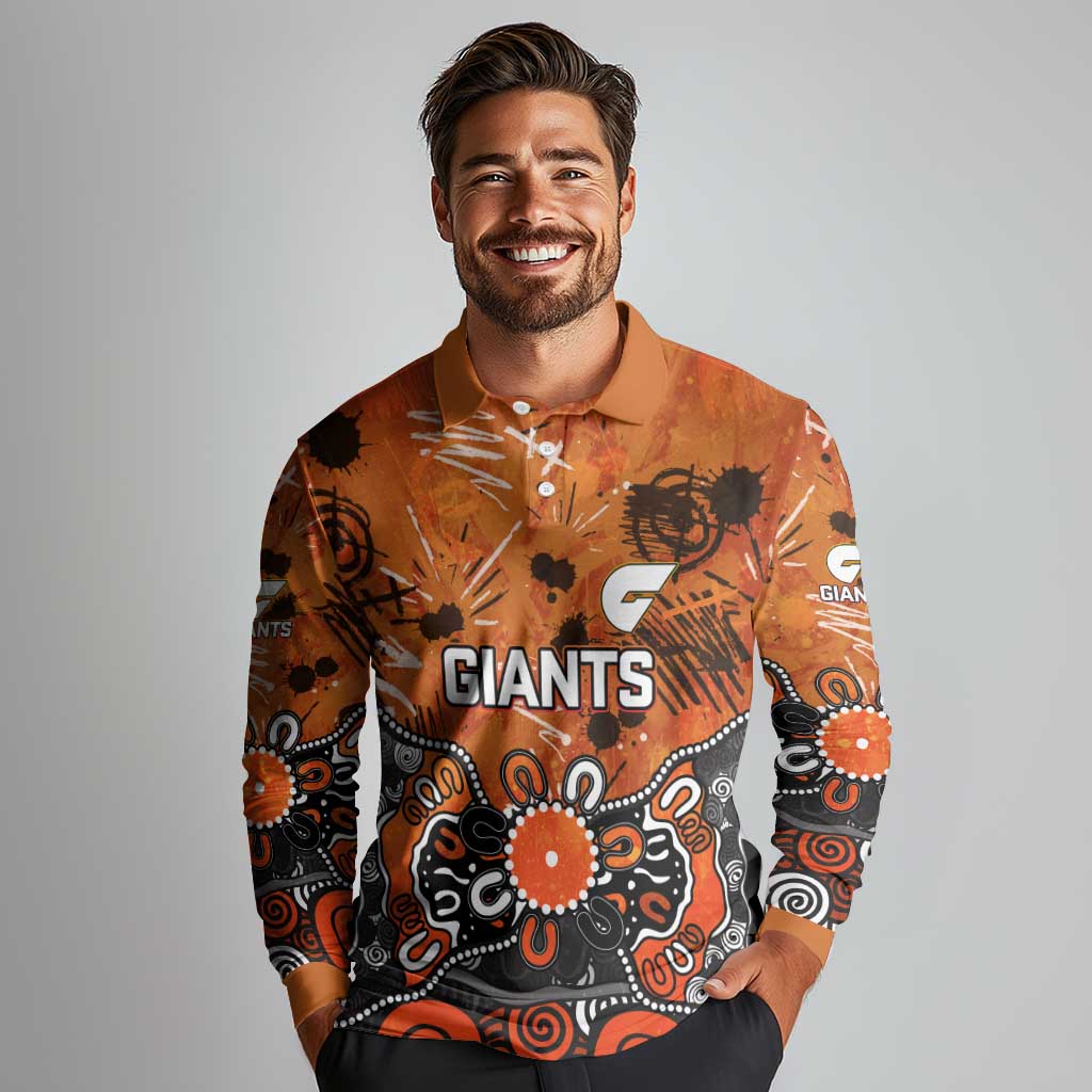 Personalized Greater Western Sydney Giants Long Sleeve Polo Shirt Aboriginal Dot Painting Graffiti Style