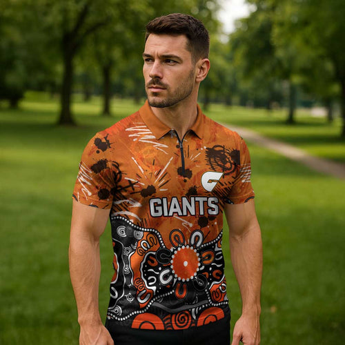 Personalized Greater Western Sydney Giants Zipper Polo Shirt Aboriginal Dot Painting Graffiti Style