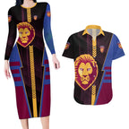 Personalized Brisbane Lions Couples Matching Long Sleeve Bodycon Dress and Hawaiian Shirt Modern Geometric Sports Graphic Style