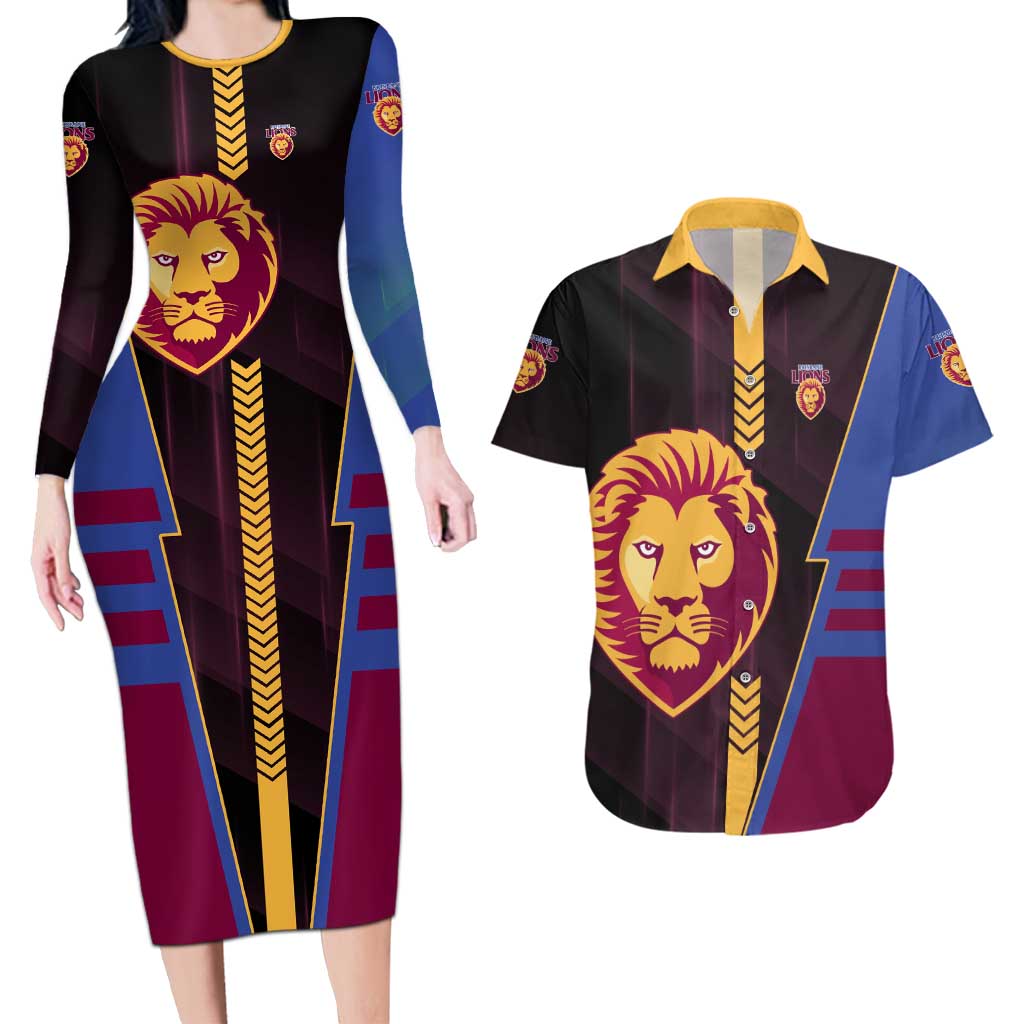 Personalized Brisbane Lions Couples Matching Long Sleeve Bodycon Dress and Hawaiian Shirt Modern Geometric Sports Graphic Style