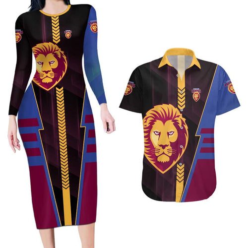 Personalized Brisbane Lions Couples Matching Long Sleeve Bodycon Dress and Hawaiian Shirt Modern Geometric Sports Graphic Style