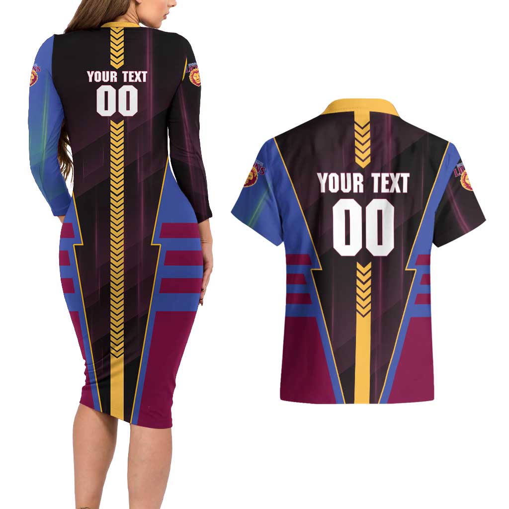 Personalized Brisbane Lions Couples Matching Long Sleeve Bodycon Dress and Hawaiian Shirt Modern Geometric Sports Graphic Style