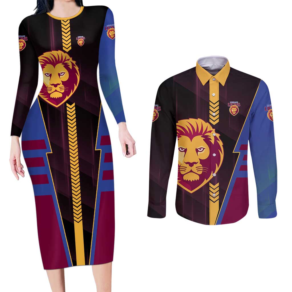 Personalized Brisbane Lions Couples Matching Long Sleeve Bodycon Dress and Long Sleeve Button Shirt Modern Geometric Sports Graphic Style