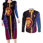 Personalized Brisbane Lions Couples Matching Long Sleeve Bodycon Dress and Long Sleeve Button Shirt Modern Geometric Sports Graphic Style