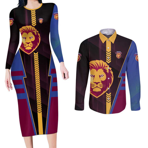Personalized Brisbane Lions Couples Matching Long Sleeve Bodycon Dress and Long Sleeve Button Shirt Modern Geometric Sports Graphic Style