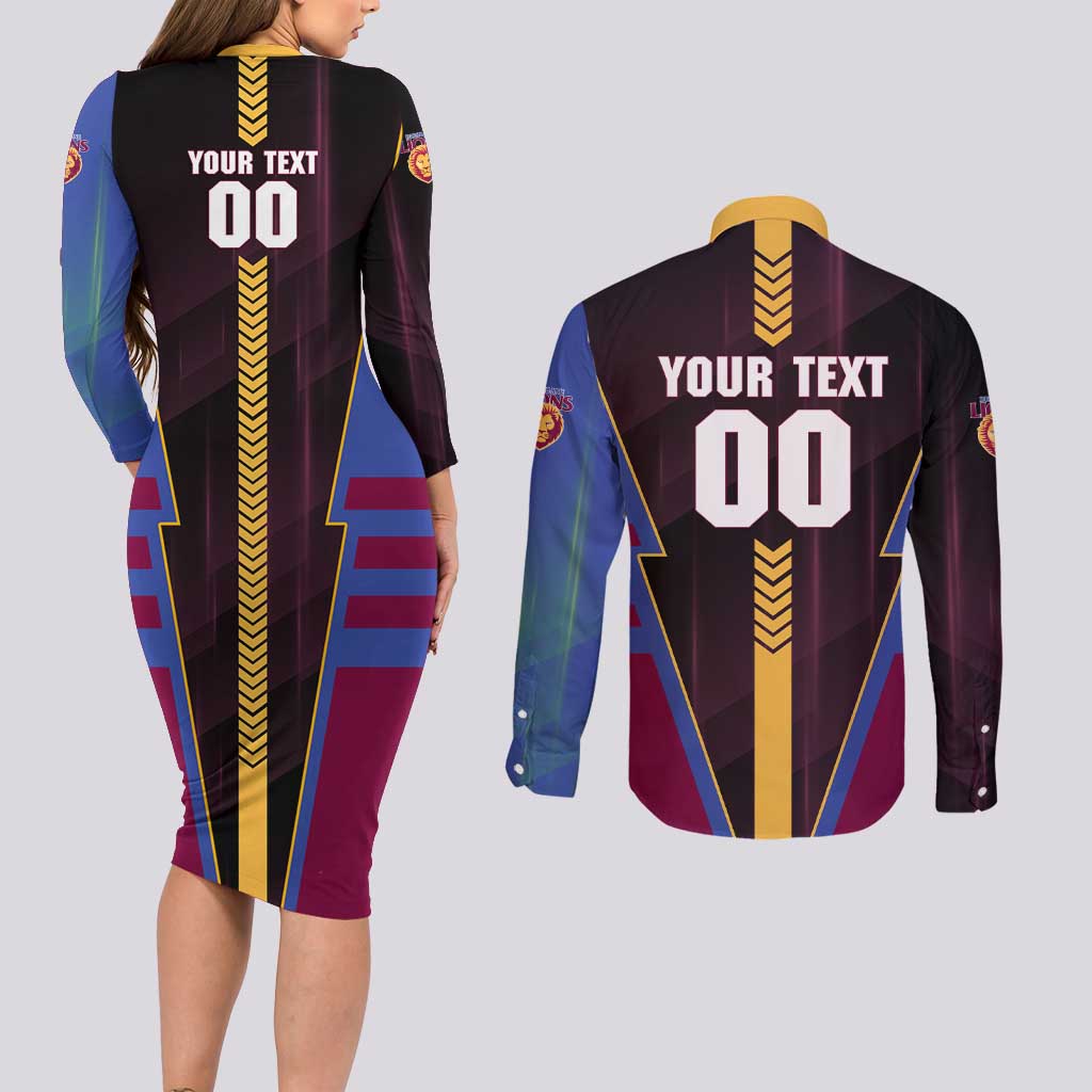 Personalized Brisbane Lions Couples Matching Long Sleeve Bodycon Dress and Long Sleeve Button Shirt Modern Geometric Sports Graphic Style