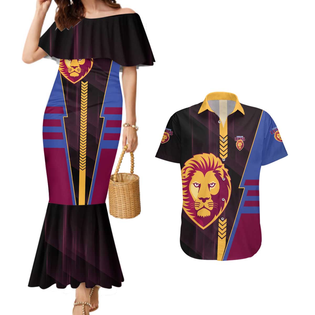 Personalized Brisbane Lions Couples Matching Mermaid Dress and Hawaiian Shirt Modern Geometric Sports Graphic Style