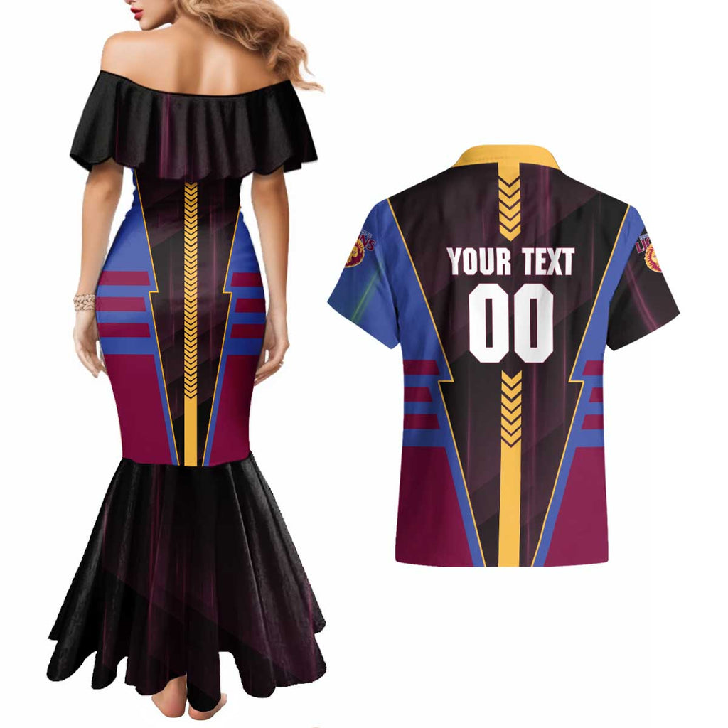 Personalized Brisbane Lions Couples Matching Mermaid Dress and Hawaiian Shirt Modern Geometric Sports Graphic Style