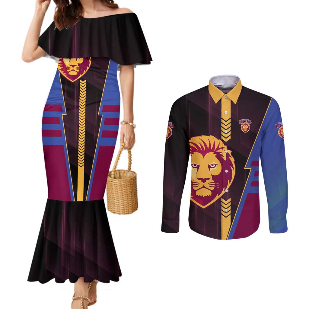 Personalized Brisbane Lions Couples Matching Mermaid Dress and Long Sleeve Button Shirt Modern Geometric Sports Graphic Style