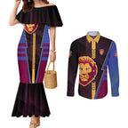 Personalized Brisbane Lions Couples Matching Mermaid Dress and Long Sleeve Button Shirt Modern Geometric Sports Graphic Style
