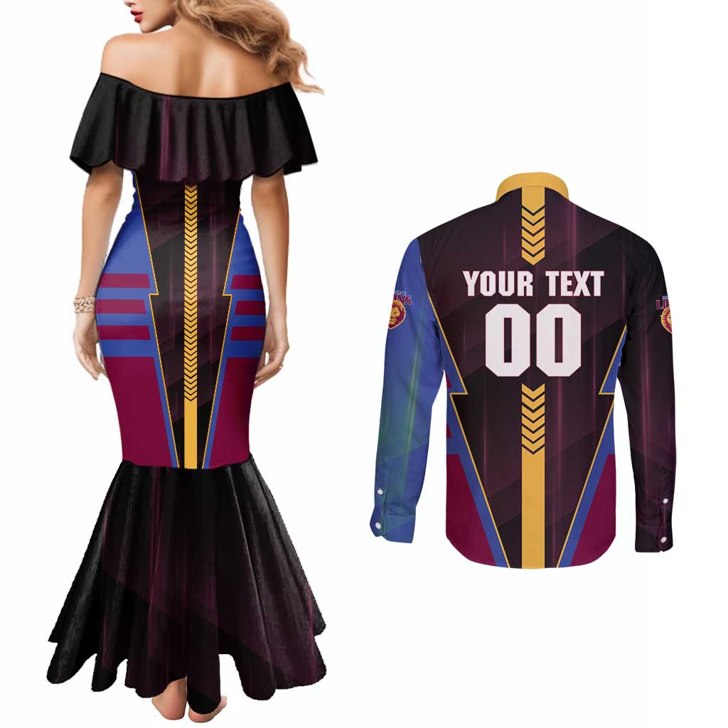 Personalized Brisbane Lions Couples Matching Mermaid Dress and Long Sleeve Button Shirt Modern Geometric Sports Graphic Style