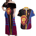 Personalized Brisbane Lions Couples Matching Off Shoulder Maxi Dress and Hawaiian Shirt Modern Geometric Sports Graphic Style