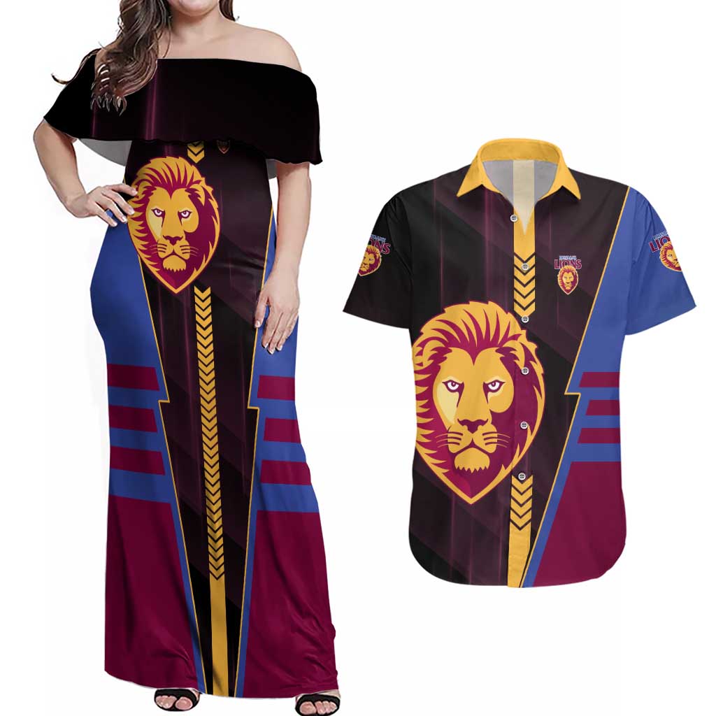 Personalized Brisbane Lions Couples Matching Off Shoulder Maxi Dress and Hawaiian Shirt Modern Geometric Sports Graphic Style