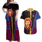 Personalized Brisbane Lions Couples Matching Off Shoulder Maxi Dress and Hawaiian Shirt Modern Geometric Sports Graphic Style