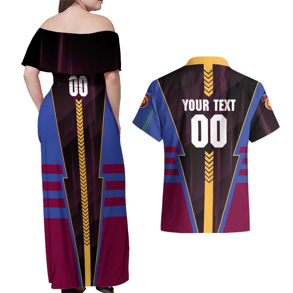 Personalized Brisbane Lions Couples Matching Off Shoulder Maxi Dress and Hawaiian Shirt Modern Geometric Sports Graphic Style