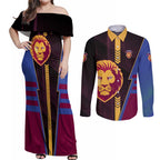 Personalized Brisbane Lions Couples Matching Off Shoulder Maxi Dress and Long Sleeve Button Shirt Modern Geometric Sports Graphic Style