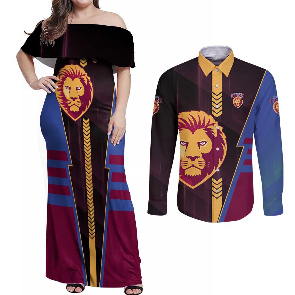 Personalized Brisbane Lions Couples Matching Off Shoulder Maxi Dress and Long Sleeve Button Shirt Modern Geometric Sports Graphic Style