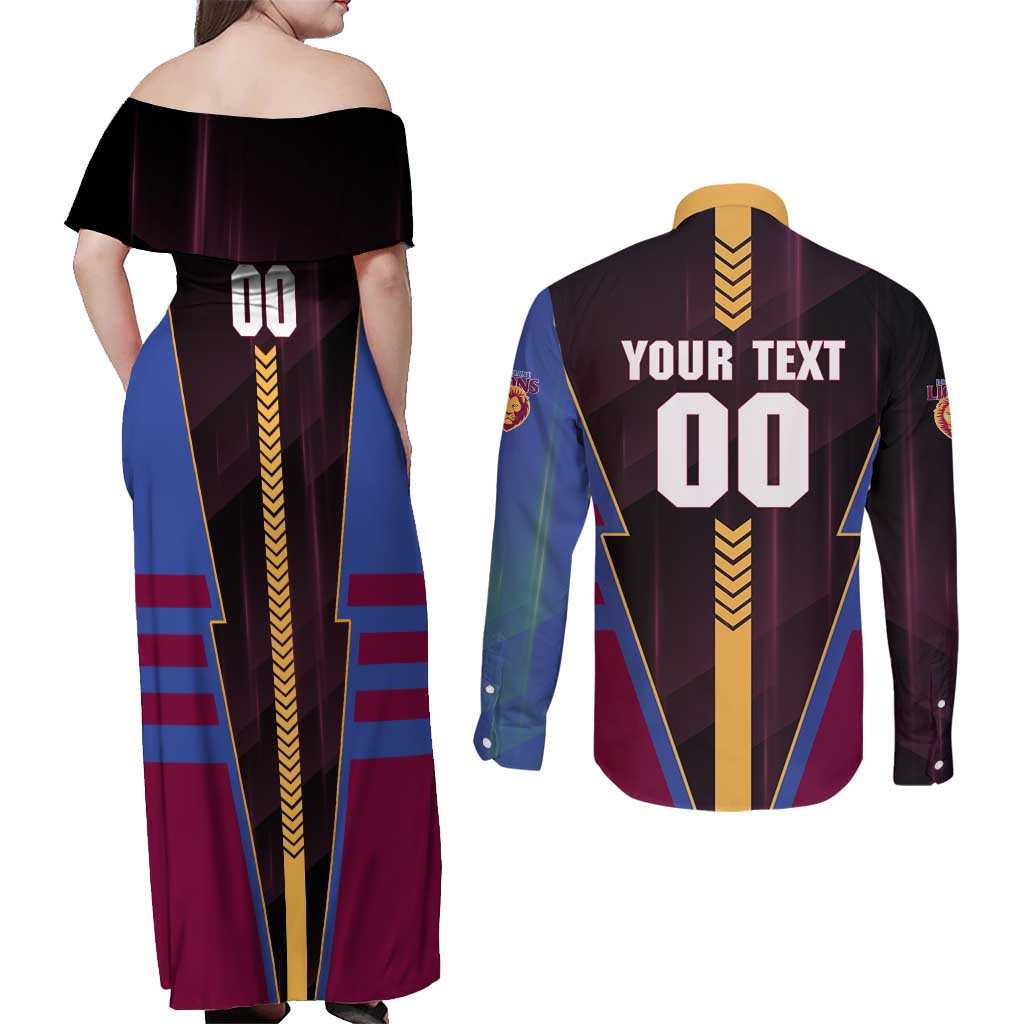Personalized Brisbane Lions Couples Matching Off Shoulder Maxi Dress and Long Sleeve Button Shirt Modern Geometric Sports Graphic Style