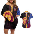 Personalized Brisbane Lions Couples Matching Off Shoulder Short Dress and Hawaiian Shirt Modern Geometric Sports Graphic Style