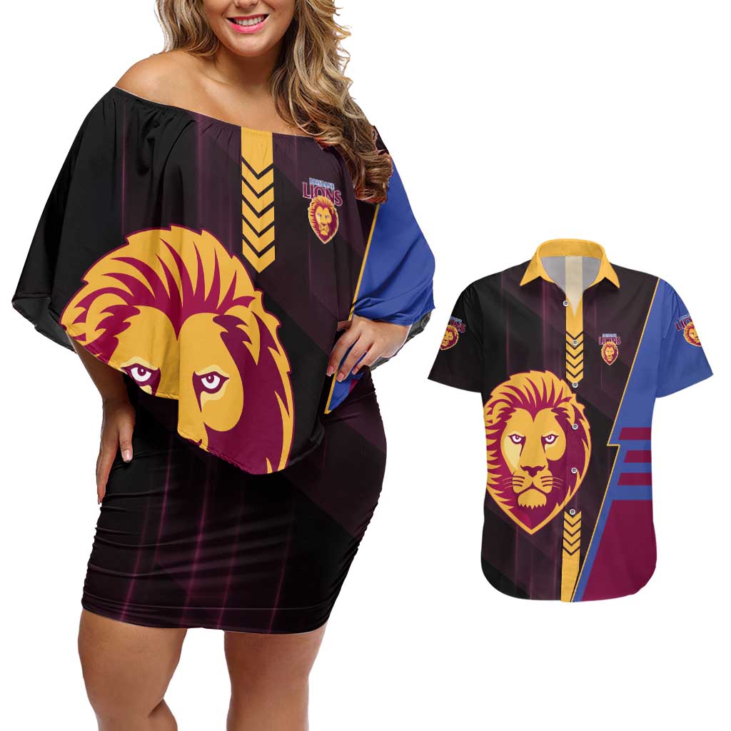 Personalized Brisbane Lions Couples Matching Off Shoulder Short Dress and Hawaiian Shirt Modern Geometric Sports Graphic Style