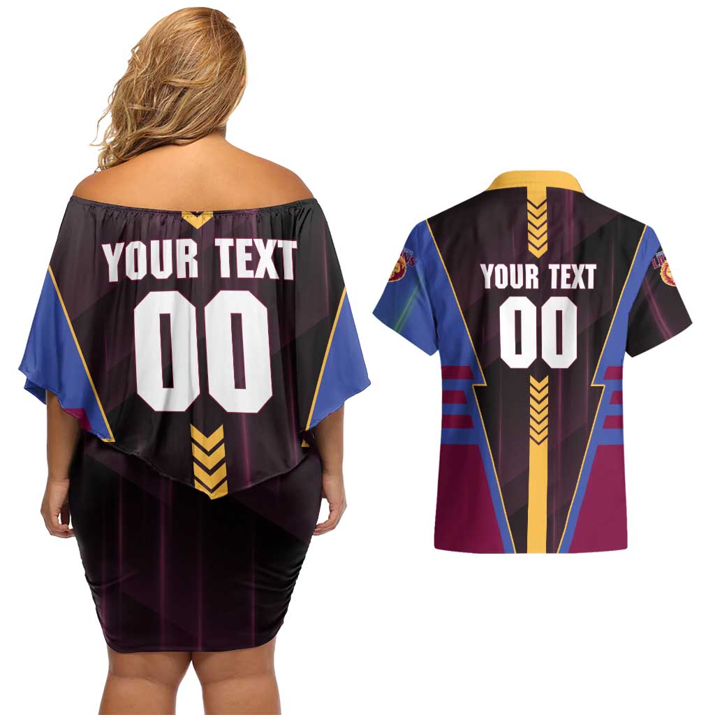 Personalized Brisbane Lions Couples Matching Off Shoulder Short Dress and Hawaiian Shirt Modern Geometric Sports Graphic Style