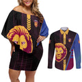 Personalized Brisbane Lions Couples Matching Off Shoulder Short Dress and Long Sleeve Button Shirt Modern Geometric Sports Graphic Style