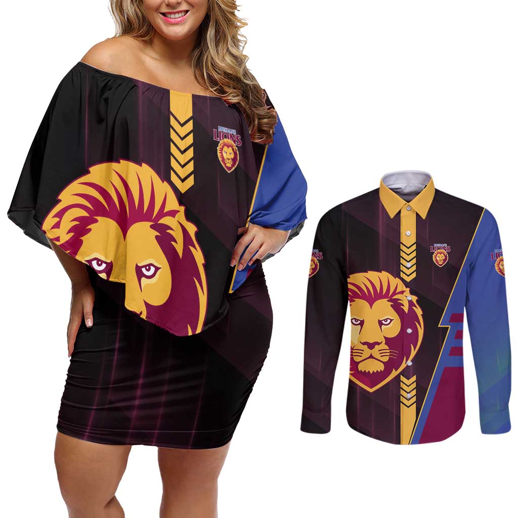 Personalized Brisbane Lions Couples Matching Off Shoulder Short Dress and Long Sleeve Button Shirt Modern Geometric Sports Graphic Style