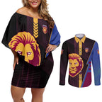 Personalized Brisbane Lions Couples Matching Off Shoulder Short Dress and Long Sleeve Button Shirt Modern Geometric Sports Graphic Style