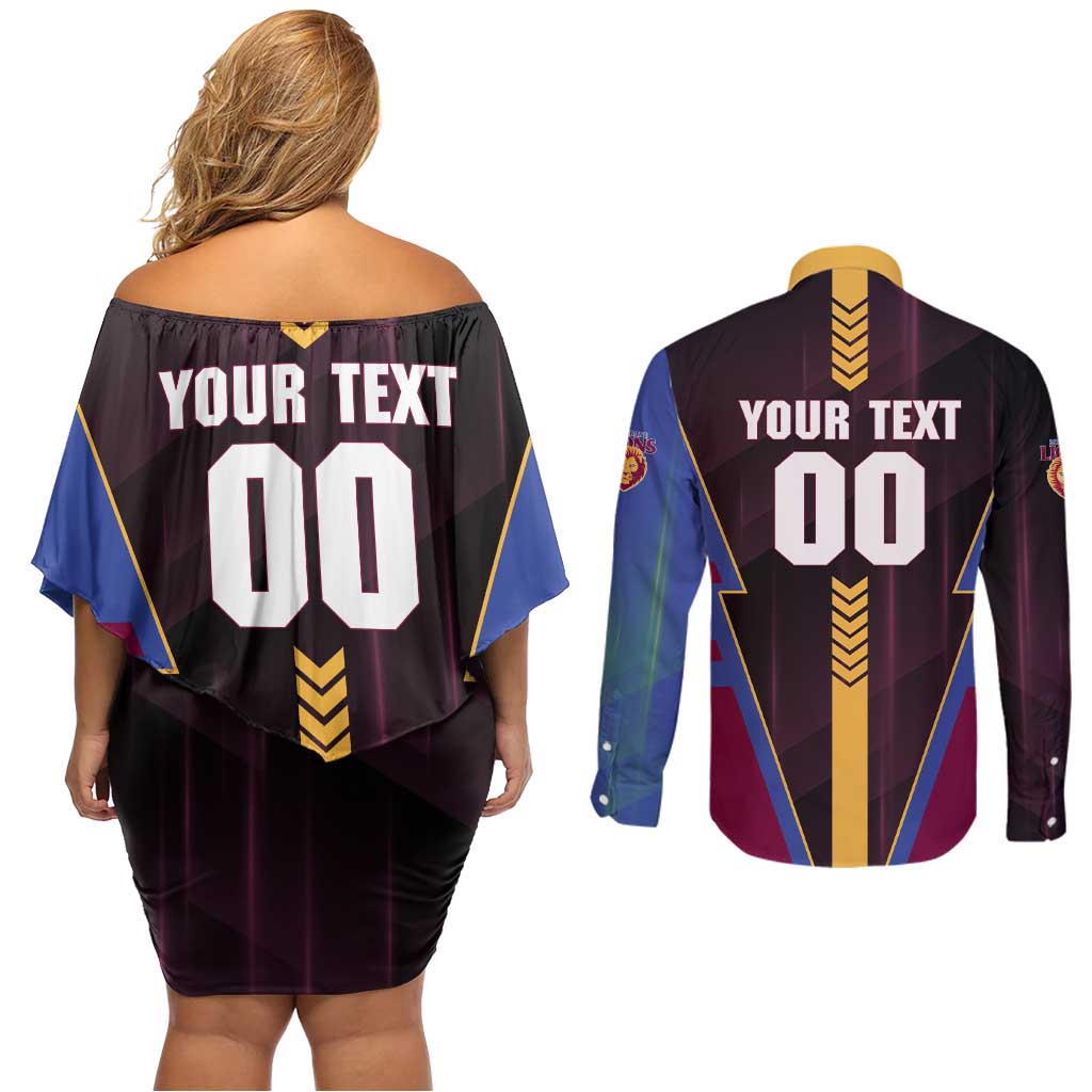 Personalized Brisbane Lions Couples Matching Off Shoulder Short Dress and Long Sleeve Button Shirt Modern Geometric Sports Graphic Style