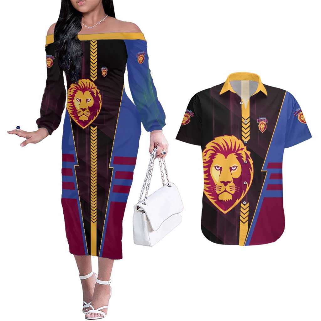 Personalized Brisbane Lions Couples Matching Off The Shoulder Long Sleeve Dress and Hawaiian Shirt Modern Geometric Sports Graphic Style