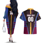 Personalized Brisbane Lions Couples Matching Off The Shoulder Long Sleeve Dress and Hawaiian Shirt Modern Geometric Sports Graphic Style