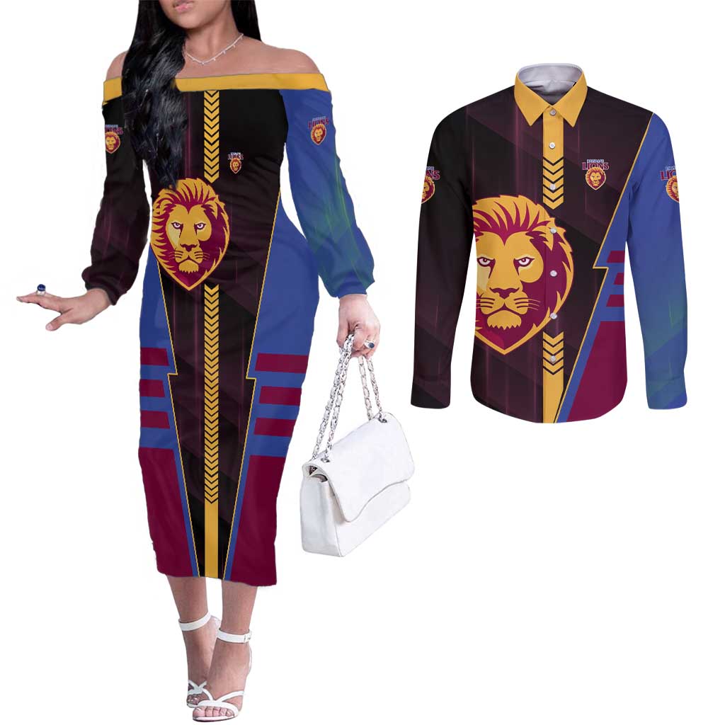 Personalized Brisbane Lions Couples Matching Off The Shoulder Long Sleeve Dress and Long Sleeve Button Shirt Modern Geometric Sports Graphic Style