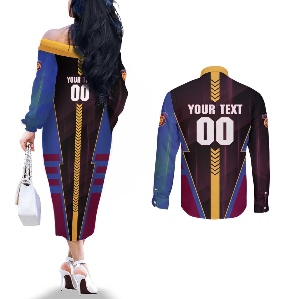 Personalized Brisbane Lions Couples Matching Off The Shoulder Long Sleeve Dress and Long Sleeve Button Shirt Modern Geometric Sports Graphic Style