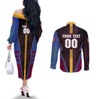 Personalized Brisbane Lions Couples Matching Off The Shoulder Long Sleeve Dress and Long Sleeve Button Shirt Modern Geometric Sports Graphic Style