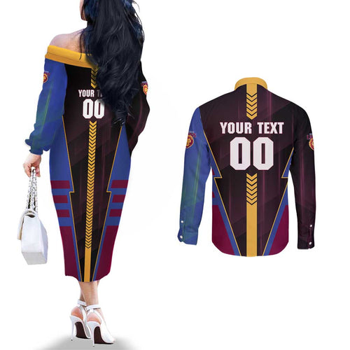 Personalized Brisbane Lions Couples Matching Off The Shoulder Long Sleeve Dress and Long Sleeve Button Shirt Modern Geometric Sports Graphic Style