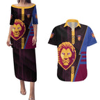 Personalized Brisbane Lions Couples Matching Puletasi and Hawaiian Shirt Modern Geometric Sports Graphic Style