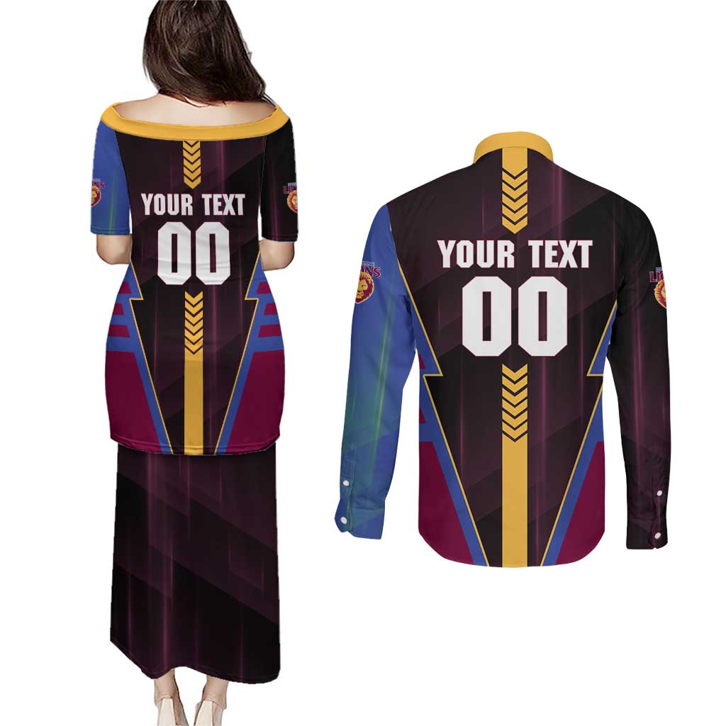 Personalized Brisbane Lions Couples Matching Puletasi and Long Sleeve Button Shirt Modern Geometric Sports Graphic Style