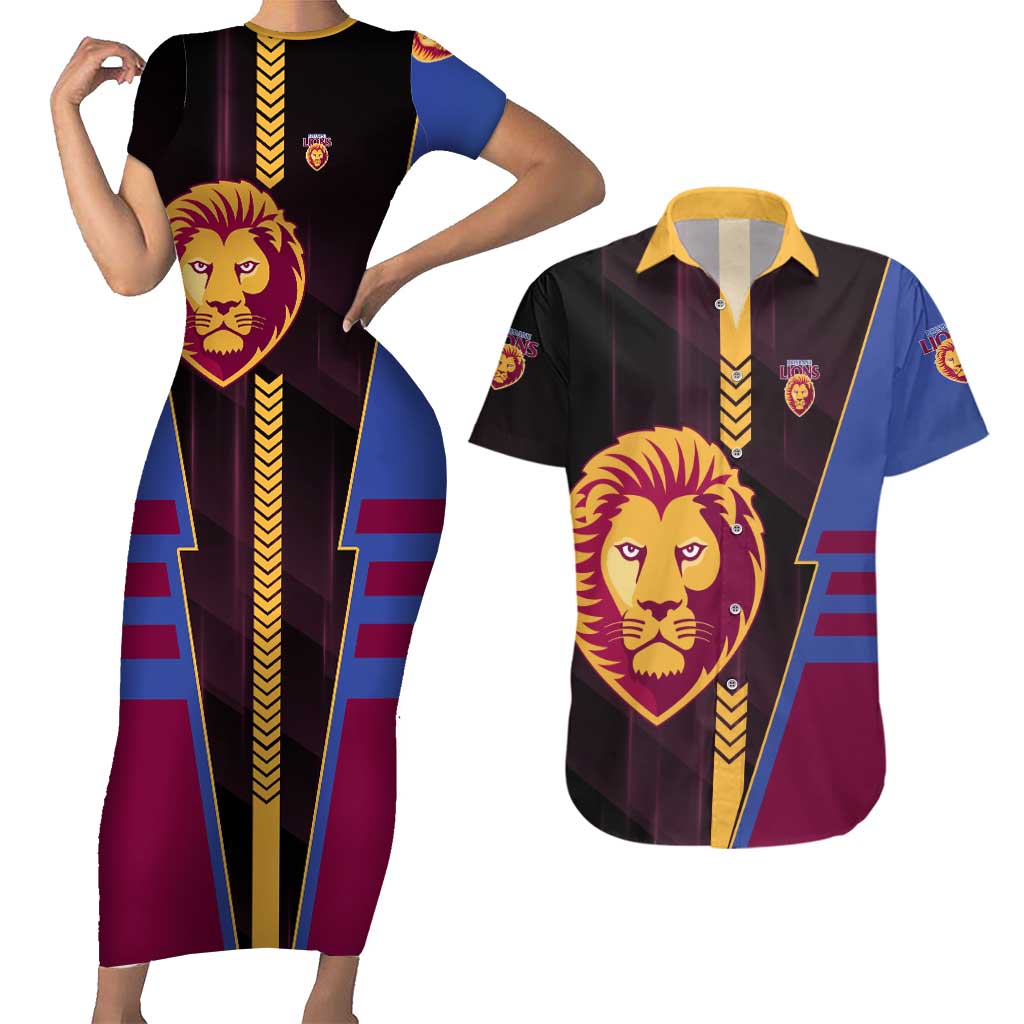 Personalized Brisbane Lions Couples Matching Short Sleeve Bodycon Dress and Hawaiian Shirt Modern Geometric Sports Graphic Style