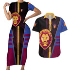 Personalized Brisbane Lions Couples Matching Short Sleeve Bodycon Dress and Hawaiian Shirt Modern Geometric Sports Graphic Style